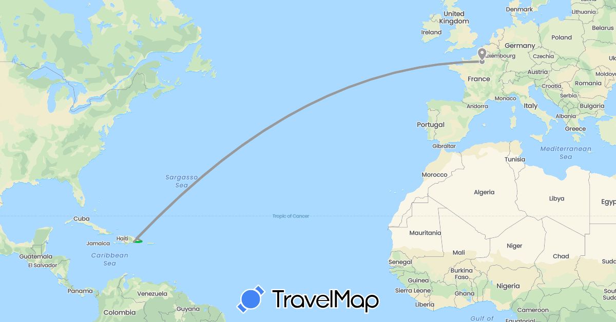 TravelMap itinerary: driving, bus, plane in Dominican Republic, France (Europe, North America)